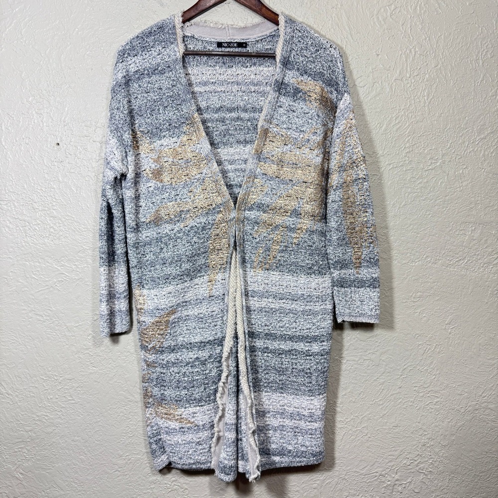 Nic Zoe Cardigan Sweater Md Longline‎ Chunky Cotton Metallic Gold Gray Lagenlook